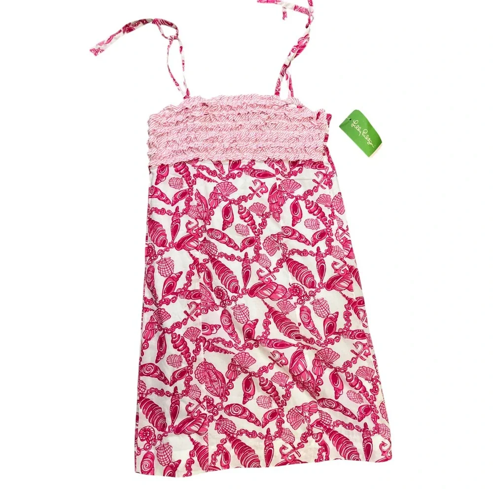 Lilly Pulitzer Girls Pink White Shell Anchor Smocked Tie Strap Dress Size 12 NWT